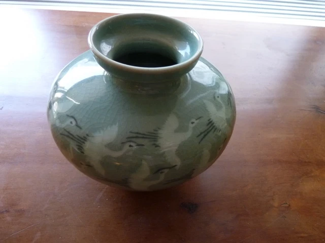 Vintage Korean Celadon Vase Hand Painted Signed Flying Cranes Craquelure 4"
