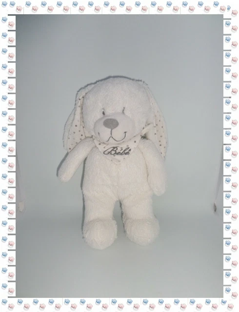 🎉 - Doudou Peluche Lapin Blanc Pois Gris Bandana Brodé Bébé Pommette