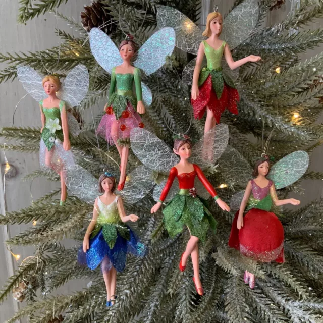 Set 6 Gisela Graham Christmas Fairies Decorations Tree Resin Net Fabric Vintage