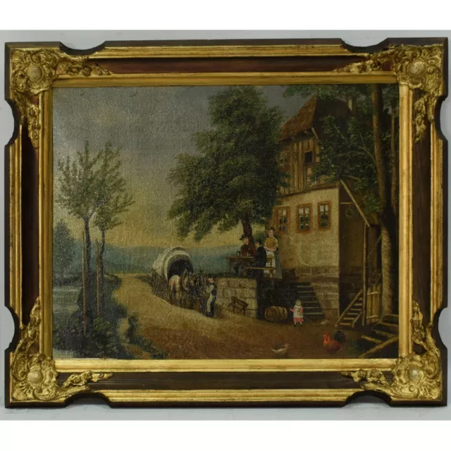 Um 1820 Altes ÖlGemälde Genreszene Rastende am Gasthaus Biedermeier 62x52 cm