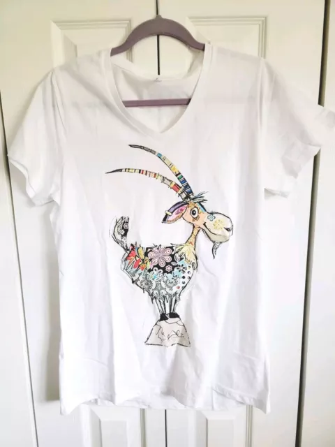 CHICYEA Para Mujer S Diseño Cabra Mezcla de Algodón Camiseta Blanca Cuello en V Nueva Sin Etiquetas