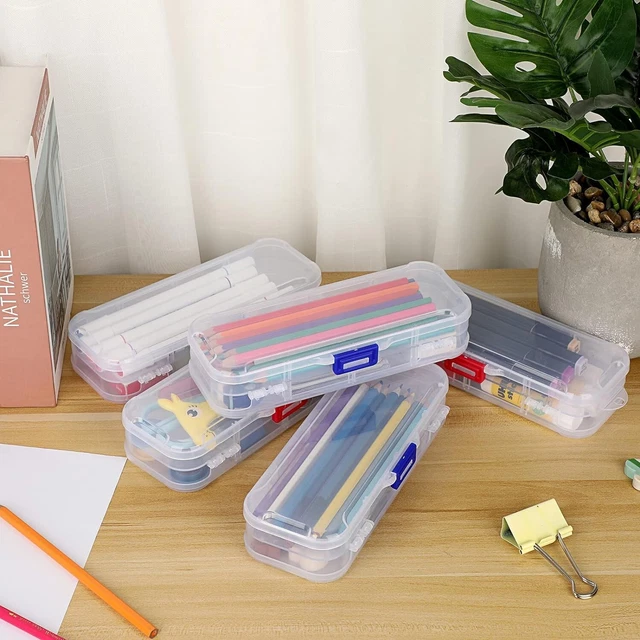 5 PACK BTSKY Clear Double Deck School Supplies -Stationery Box- Red + Dark Blue