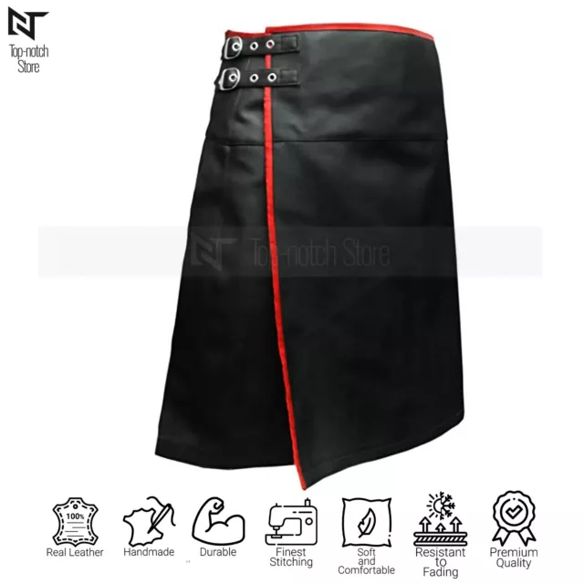 Real Cow Leather Kilt Scottish Wrap Style Pleated Flat Front Piping LARP LGBTQ