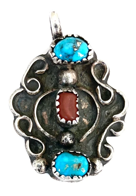 VINTAGE NAVAJO Sterling Silver Scrolled MORENCI TURQUOISE & CORAL Pendant VINTAGE NAVAJO Sterling Silver Scrolled MORENCI TURQUOISE & CORAL Pendant