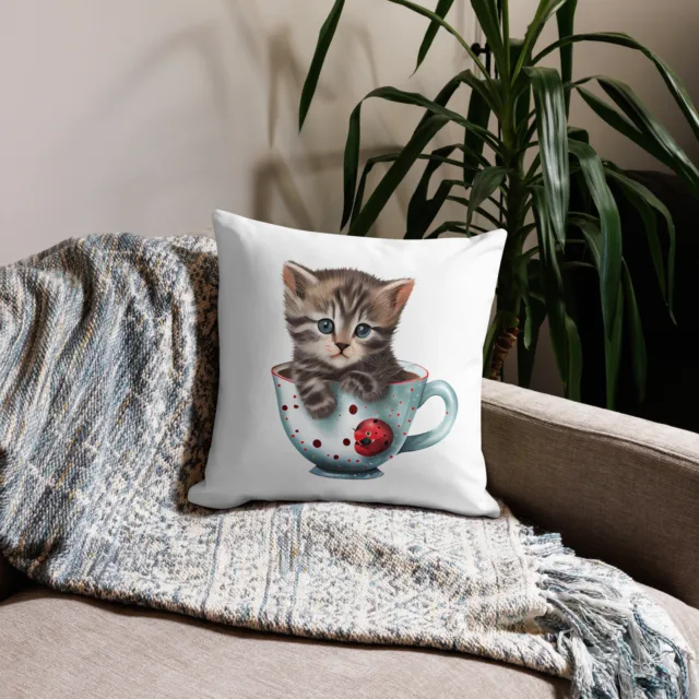 Cute Brown Kitten Cat in a Cup Premium Pillow