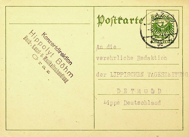 Österreich 1926 8g Mantel Von Arme Postal Karte Graz Sich Detmold Deutschland