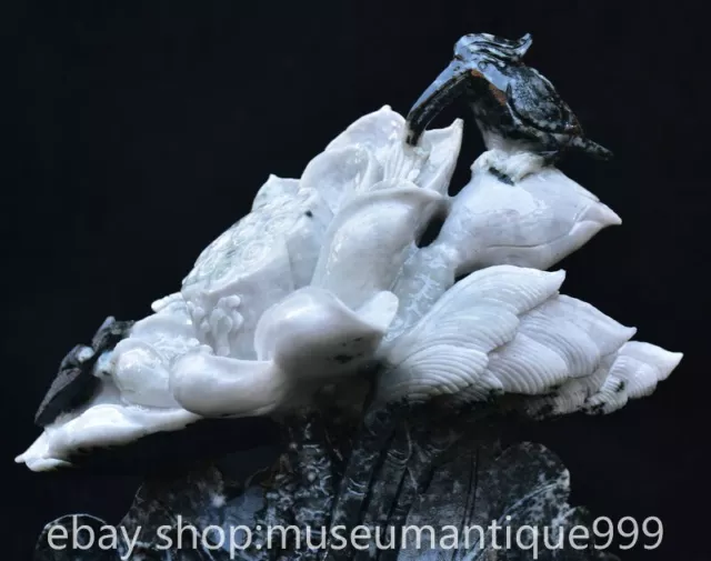 13.2" Chinese Natural Dushan Jade Carving Lotus Flower Bird Statue Sculpture 2