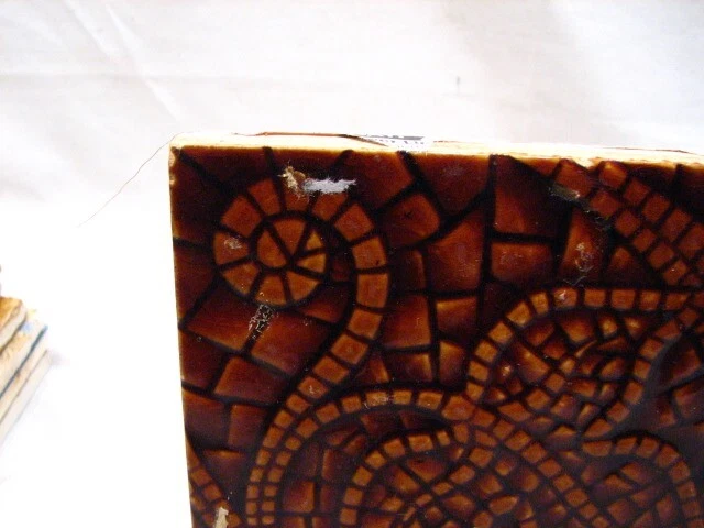 Early Majolica Glazed Ceramic Tile Art Nouveau Brown Leaf Ornate Mosaic Scroll L 2