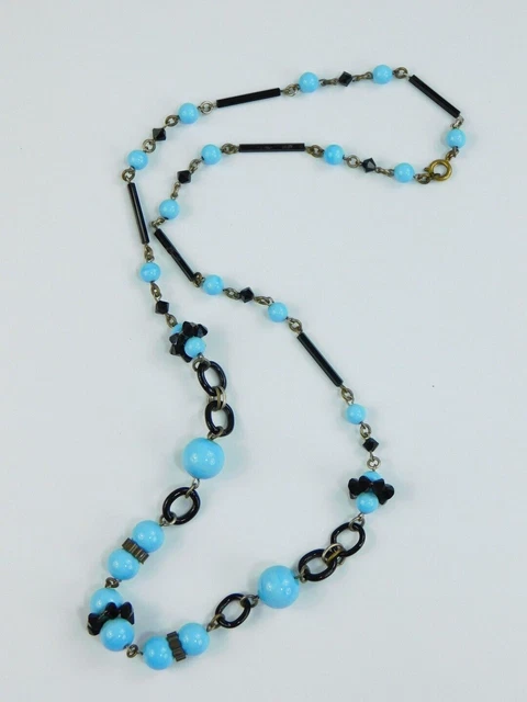 Art Deco Robin's Egg Blue & Black Czech Glass Beaded Necklace Glass Links! 24"