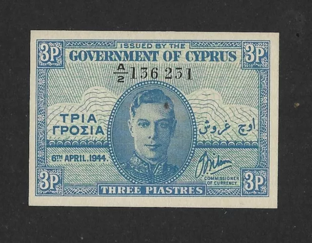 UNC 3 piastras 1944 CHIPRIOTA Inglaterra Grecia Turquía