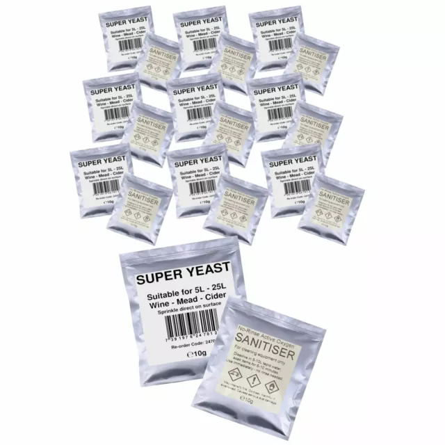 10x Super Wine Yeast and No-Rinse Steriliser Pack Homebrew Wine, Cider and Mead