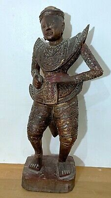 Antique 21" Tall Thailand Buddhist Wood Statue Of A Dancer - With Mosaic Glass