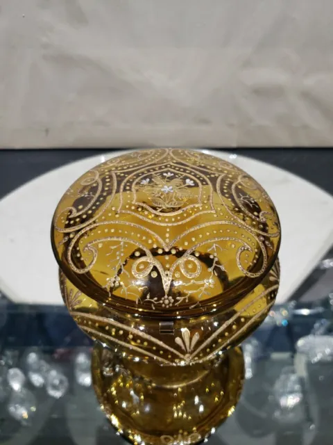 Footed Vanity Jewel Trinket Box hinged metal glass gold enamel bohemian Moser