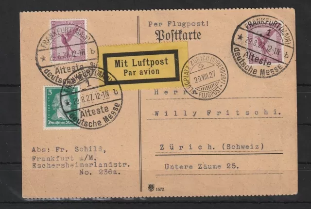 Deutsches Reich Luftpost-Karte Frankfurt/Main nach Zürich/Schweiz, 1927 #1094557