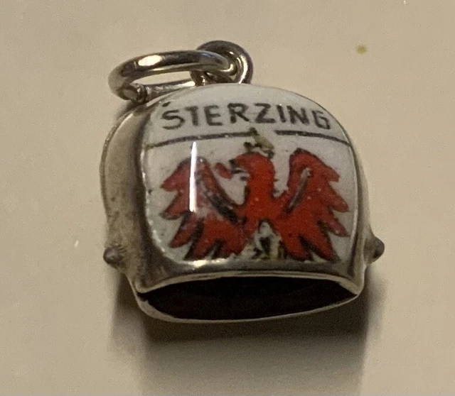 VINTAGE ENAMEL STERZING COW BELL,WITH CLANGER,CHARM BRACELET.1.7g.