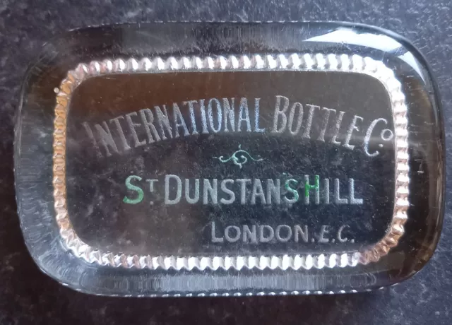 International Bottle Co Glass Advertising Paperweight, Victorian/Edwardian, Rare