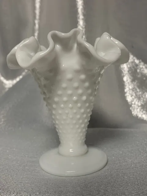 Fenton Milk Glass Hobnail Small Trumpet Vase Ruffled Edge