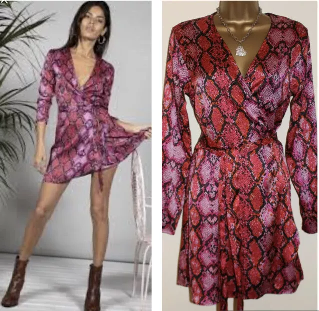 DANCING LEOPARD SILK Fred Marley Wrap Dress 10 Red Snake Satin Party Mini Sexy 29.99 PicClick UK