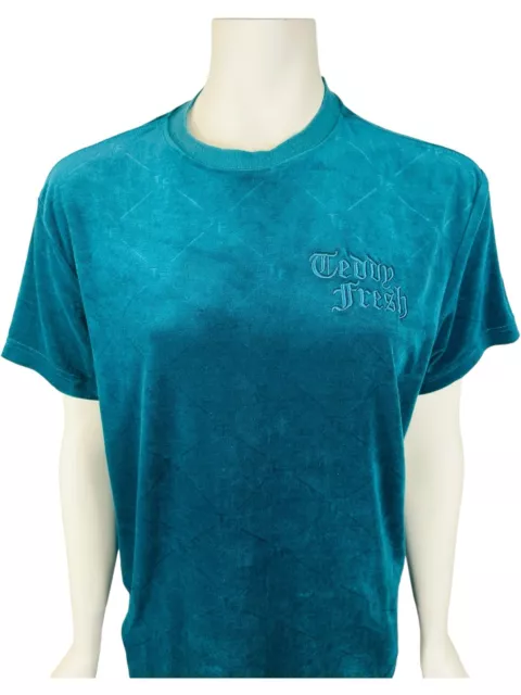 TEDDY FRESH VELOUR Shirt Women's XS Teal Blue Velvet Short Sleeves Logo ...