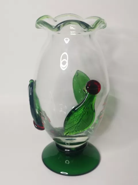 Vintage Czechoslovakian Blown Art Glass Vase With Applied Green Leaves