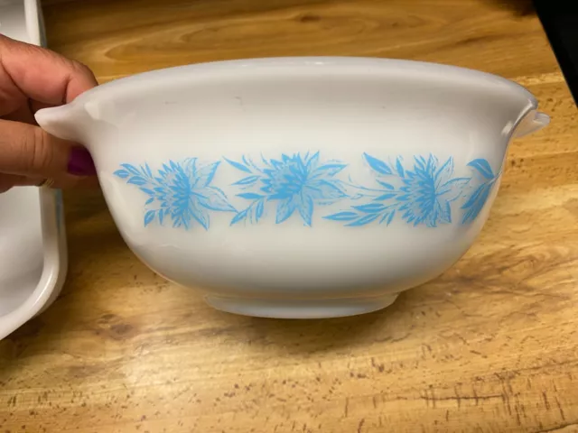 2 Vintage Glasbake & Sears Blue Thistle Flower Bowls j-2354 & j-2355