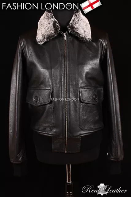 BOSTON Mens Leather Jacket Black Fur Collared Aviator Bomber Real Leather Jacket 2