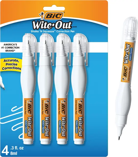 BIC Wite-Out Brand Shake 'N Squeeze Correction Pen, 8 ML Correction Fluid, 4-Ct