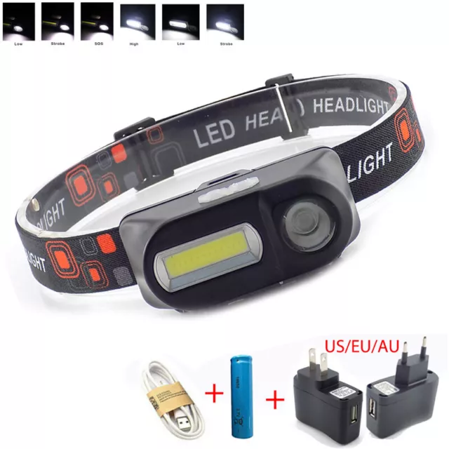 USB Rechargeable COB LED Headlamp Headlight Head Torch Lamp Flashlight