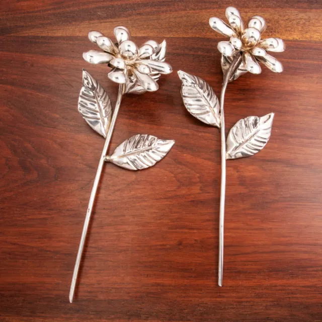 2 Large Egyptian 900 Silver Holiday Table Decorations Open Flowers Stems Leaves