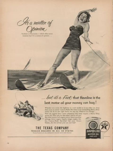 1953 Gas Oil Texaco Havoline Vintage Print Ad 50s Texas Motor Water Skiing Fish