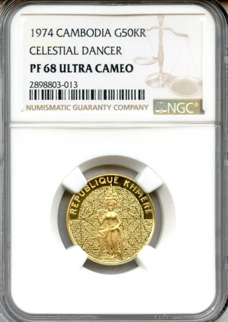 Cambodia:Celestial Dancer  gold 50,000 Riels 1974, NGC graded PROOF 68 !
