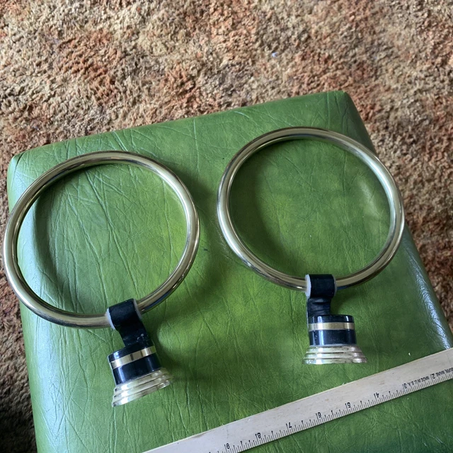 2 Vintage Black And Brass Bathroom Towel Bar Holders Ring Mid Century Design