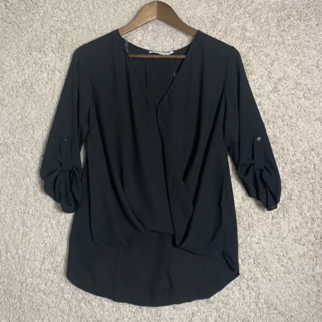 Lush NWOT Black Surplice Draped Top Roll Tab Sleeve Womens Size XS Shirt Blouse 3