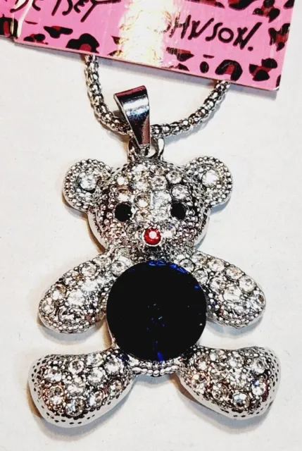 Betsey Johnson Silver Plated Rhinestone Bear Blue Crystal Pendant Chain Necklace
