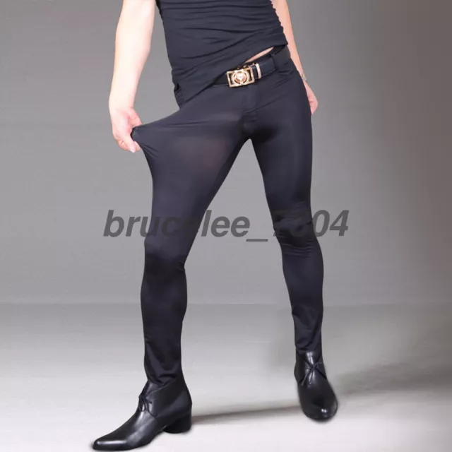 Men's Ice Silk Sheer Leggings Fitness Tight Long Johns Pants Stretch  Underpants