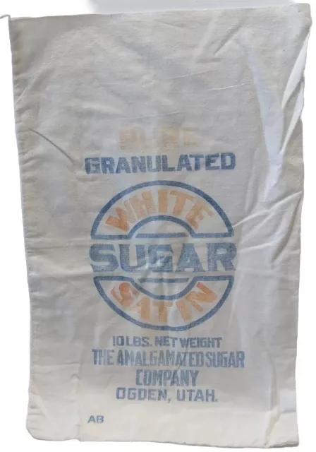 Vintage WHITE SATIN  Fine Granulated Sugar Empty 10LBS Cloth Sack OGDEN, UTAH