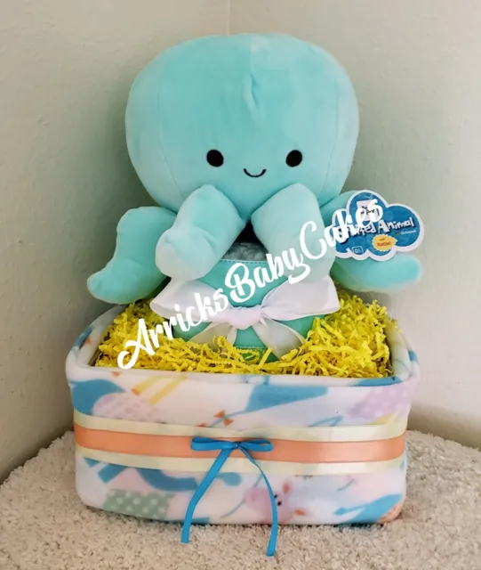 Diaper Cake~The Happy Octopus~Baby Shower Gift~Gender Neutral Cakes~Plush🐙🐙