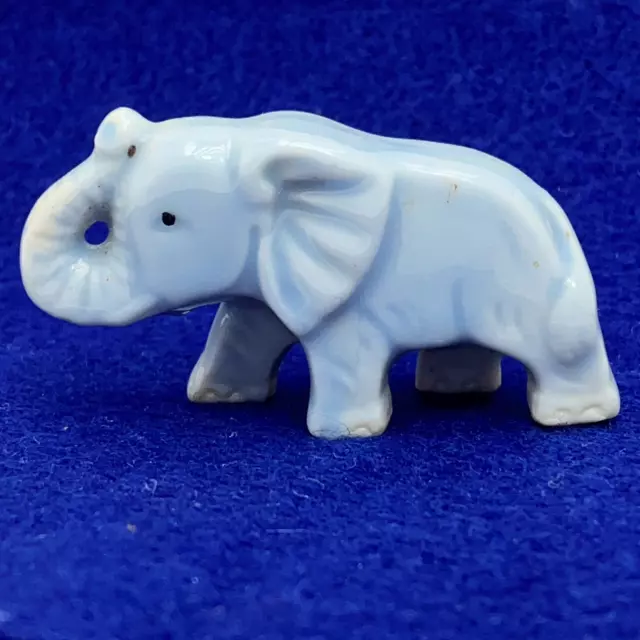 Lucky Blue Elephant Trunk Up Ceramic Miniature Figurine Signed Japan