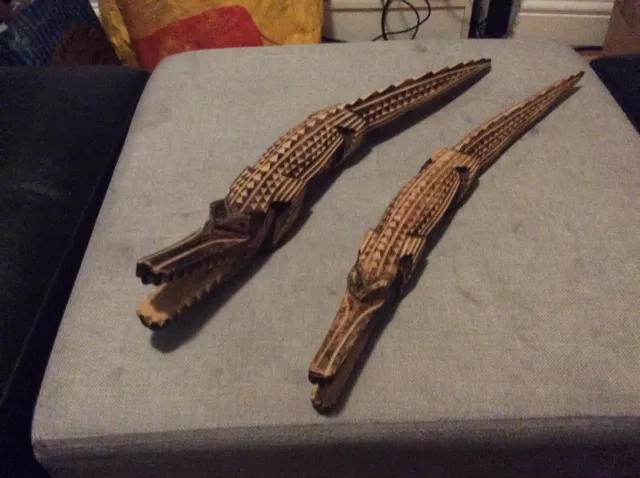 Pair of Wooden Carved African Alligators Crocodiles