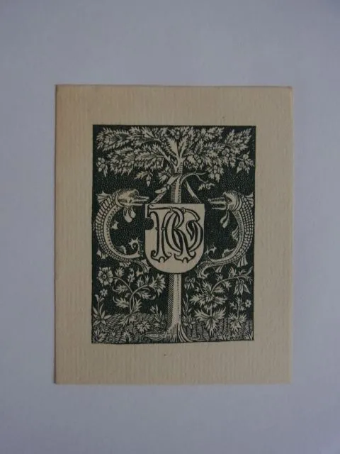 Exlibris RG. Motiv: Baum mit Eigner-Monogramm, zwei Fische und Blumen Unbekannte