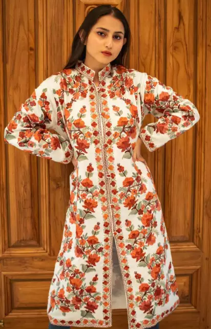 White Kashmiri Long Coat with Floral Pattern Embroidery