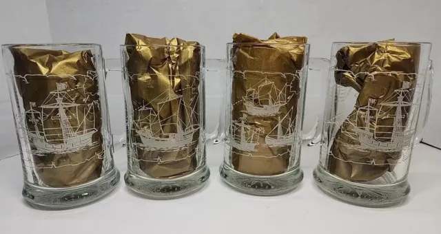 4 Long John Silvers Etched Glass 12oz Beer Steins Glasses Nautical Sailing Ships