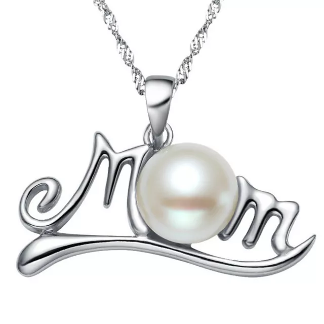 Fashion MOM 925 Silver Necklace Pendant Women White Pearl Jewelry Gift