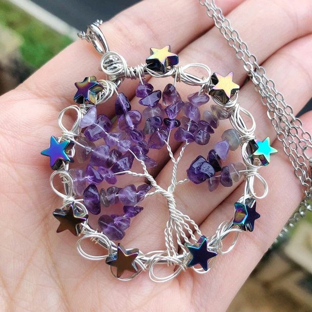Amethyst Gem Stone Tree Of Life Water-Drop Necklace Chakra Reiki Healing Amulet