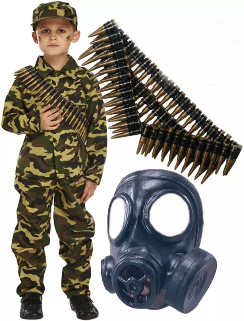 Army Boys Soldier Action Man Fancy Dress Costume Outfit with Gas Mask + Bullets