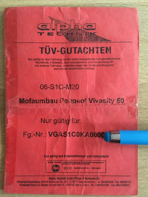 Peugeot Vivacity 50 (S1C) 50km/h Dokumente Mofa Mofaumbau 25 km/h 1999 Papiere