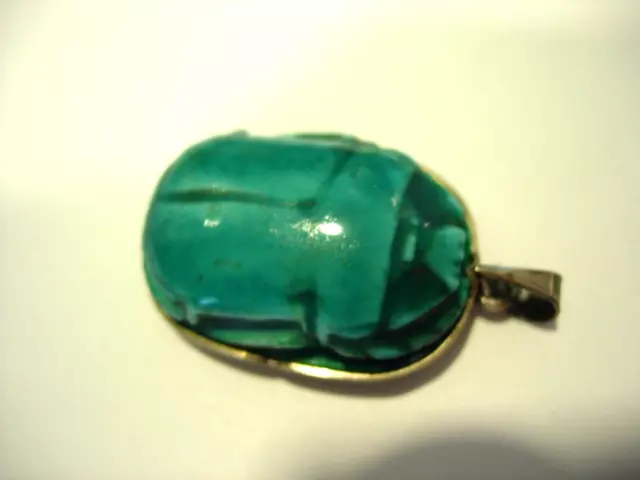 Antique Egyptian Revival Sterling Silver Faience Blue Scarab Pendant JEWELRY