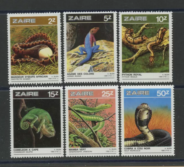 Snakes Reptiles set of 6 mnh stamps 1987 Zaire #1231-6 cobra python chameleon