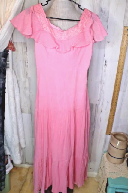 Vintage Pink Crepe Ruffle Long Small ( NO SIZE) Women's Dress