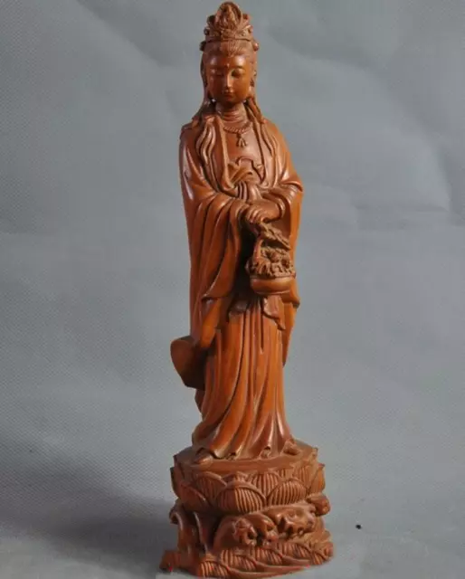 8" Chinese Boxwood Wood Hand Carved GuanYin Bodhisattva Buddha Statue Ornament